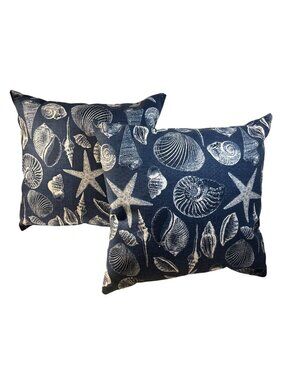 Henryka Throw Pillows Blue White Seashell & Starfish In / Outdoor 14 x14 Coastal